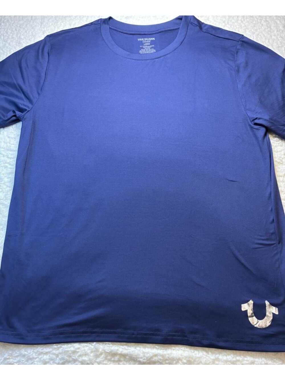 True Religion Mens Large Sleep Shirt Blue Gold Horseshoe Logo Loungewear Stretch